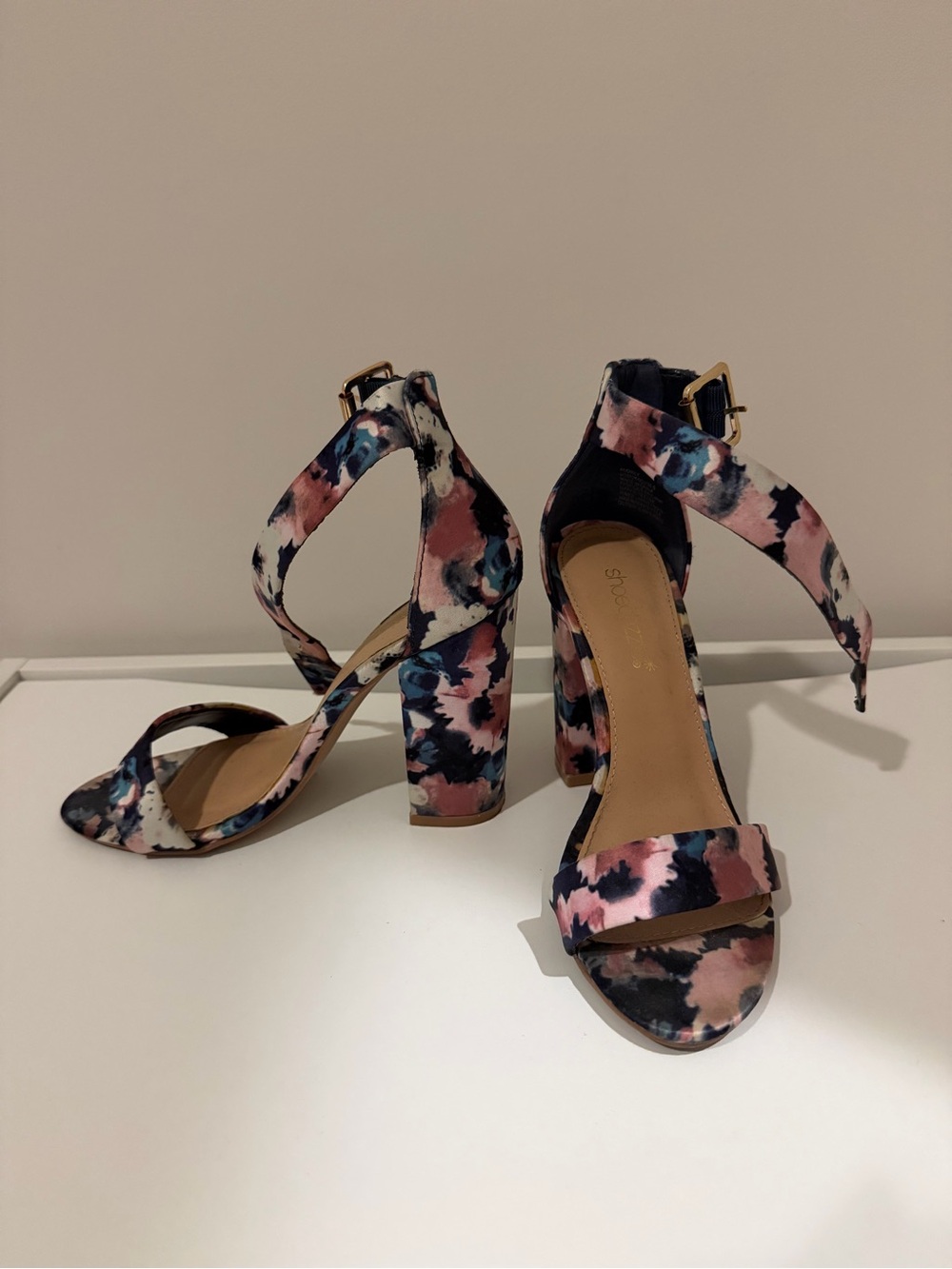 Floral Watercolor Block Heel Sandals - Pink Multi